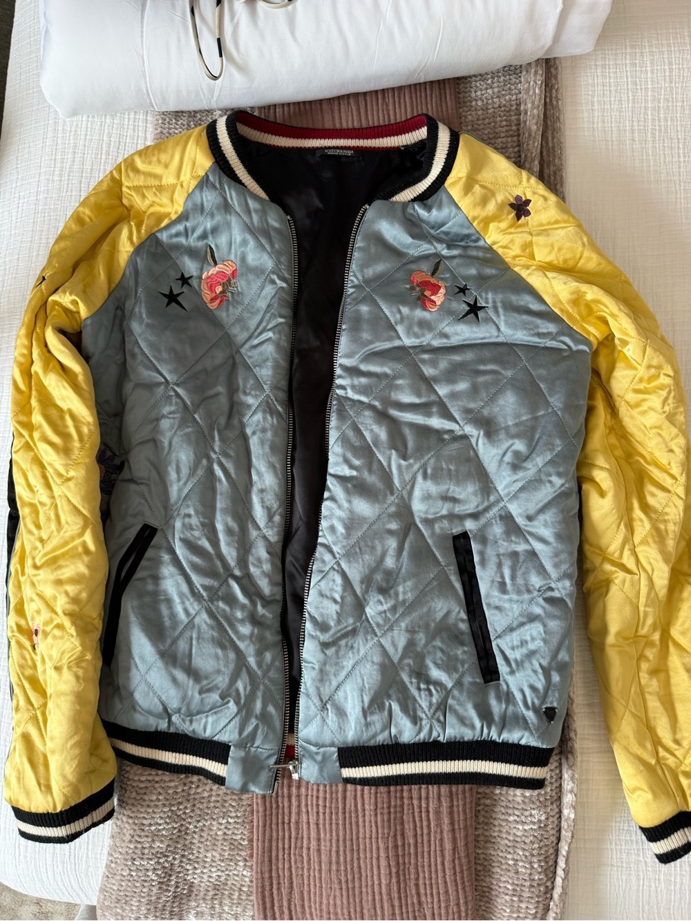 Scotch & Soda Light Blue and Yellow Quilted Bomber Jacket